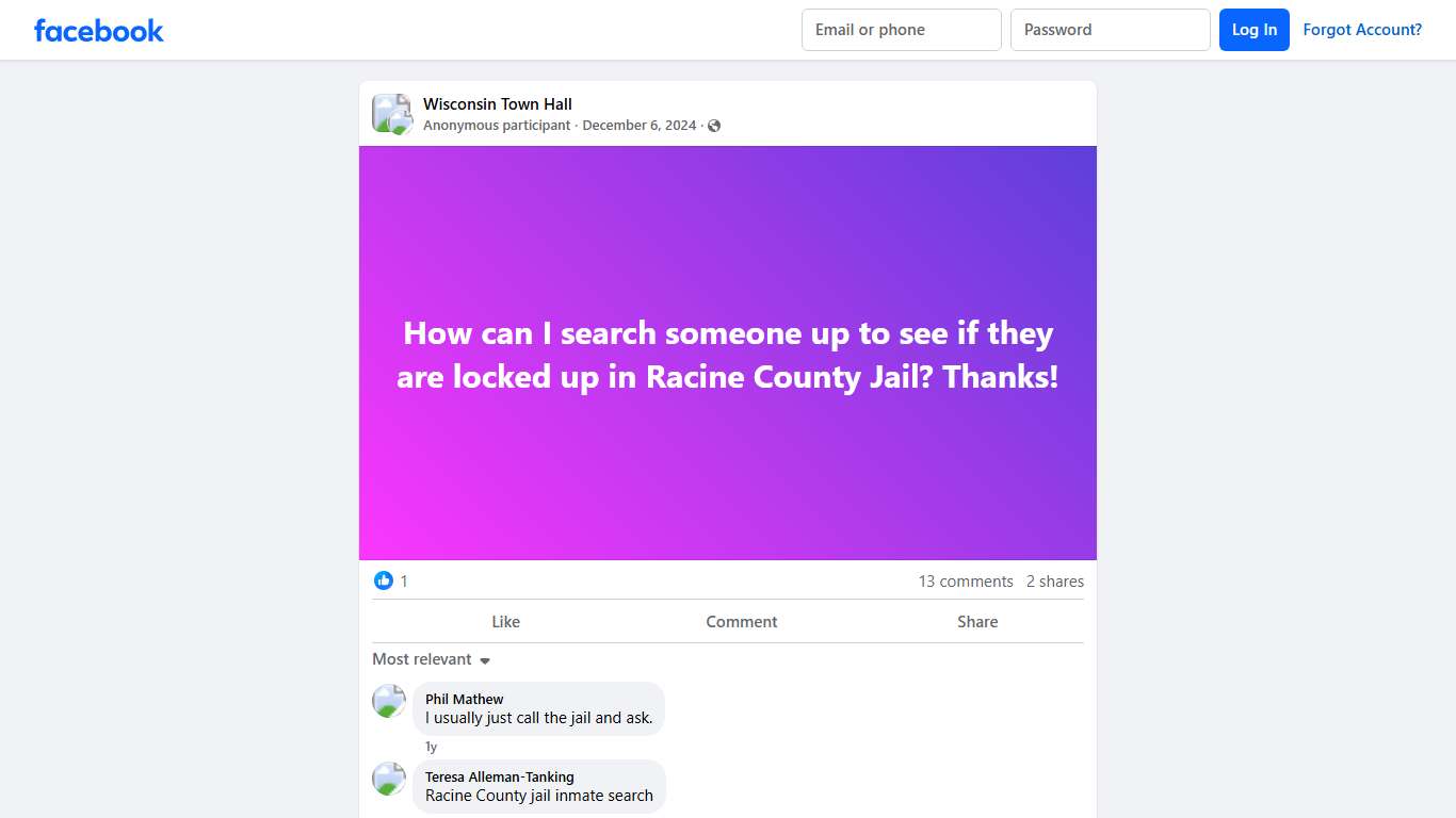 Wisconsin Town Hall | How can I search someone up to see if they are locked up in Racine County Jail | Facebook